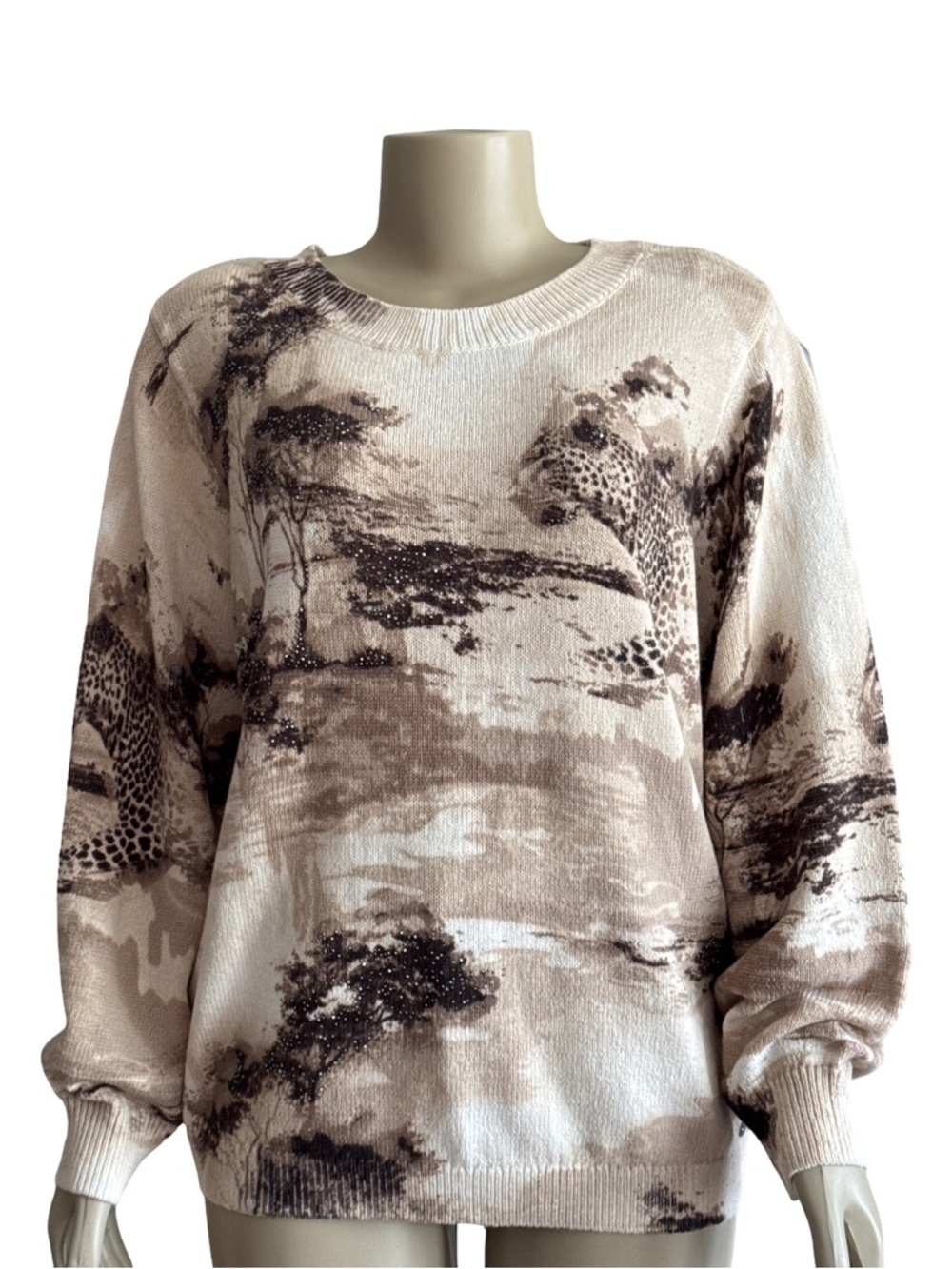 Monari Savanna Printed Knit Jumper Crewneck Sweater in Soft Beige